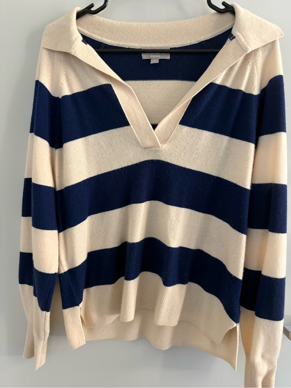 J. Crew Cashmere Relaxed Polo-Style Striped Sweater - Navy & Cream